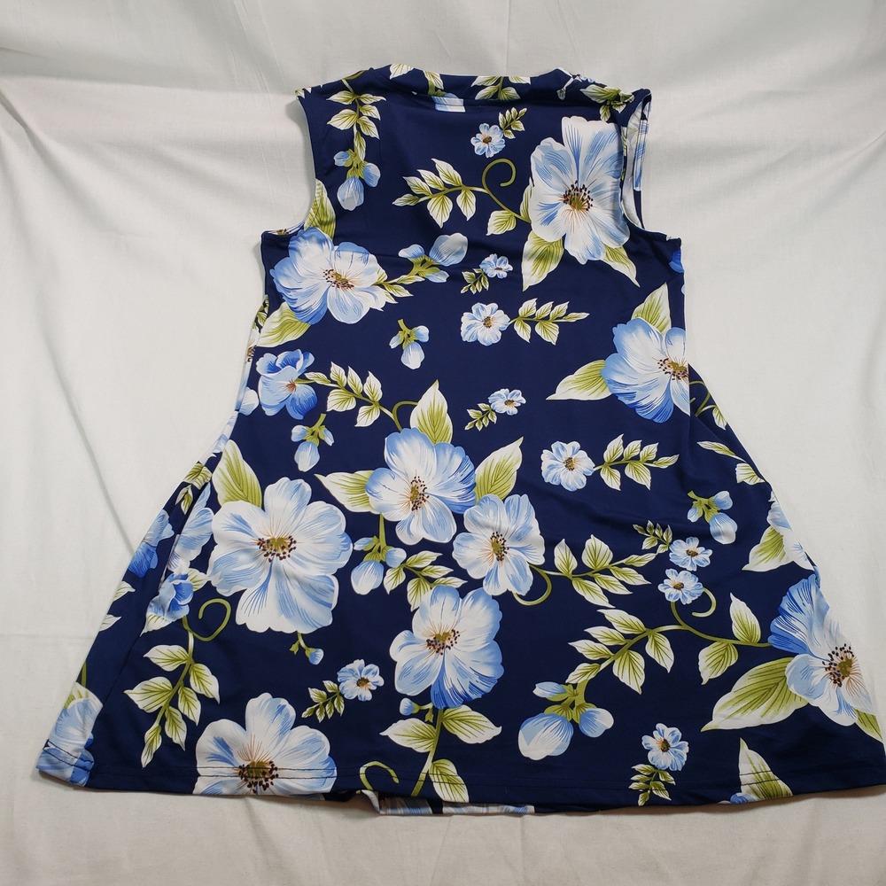 White Mark Womens Navy Blue Floral Pleated‎ Henley Sleeveless Tunic Top Large - Picture 7 of 8
